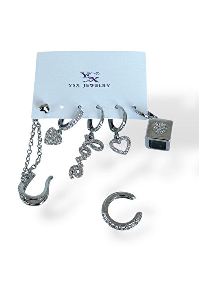 TAKIŞTIR مجموعة أقراط YSX مكونة من 6 قطع باللون الفضي مع تفاصيل حجرية بأشكال ...