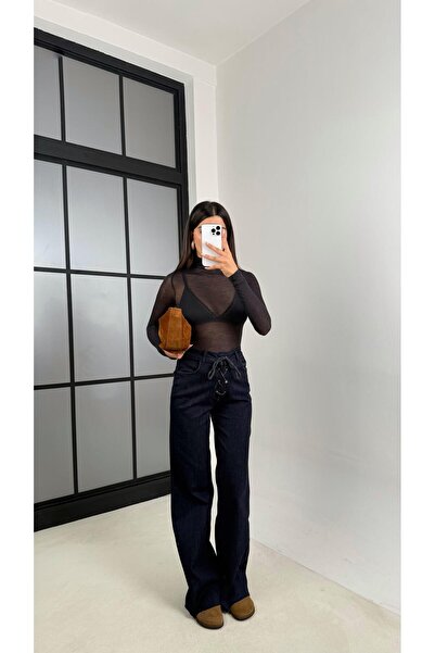 Gaus Lacivert Önü Bağlama Detaylı Kesik Paça Tasarım Likralı Denim Pantolon G...