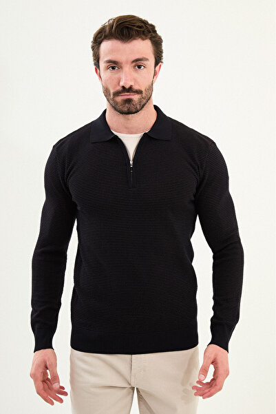 Mcr Textured Slim Fit Zippered Polo Neck Men's Knitwear Sweater Navy Blue - 11567.25K