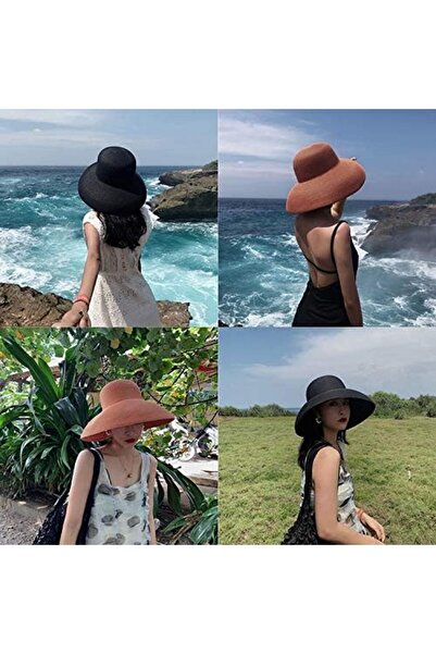 Generic قبعة من القش كبيرة الحواف للنساء، قبعة صيفية واقية من الشمس، قبعة للشاطئ، قبعة صياد السمك - لون أسود