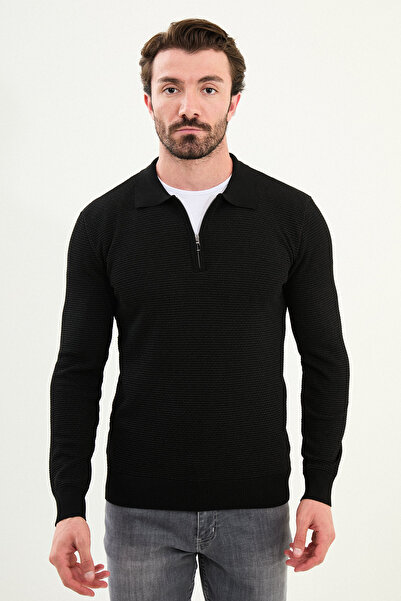 Mcr Textured Slim Fit Zippered Polo Neck Men's Knitwear Sweater Black - 11567.25K