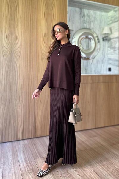 Ka Hijab Mercerized Suit with Sparkle Detail Skirt - Brown