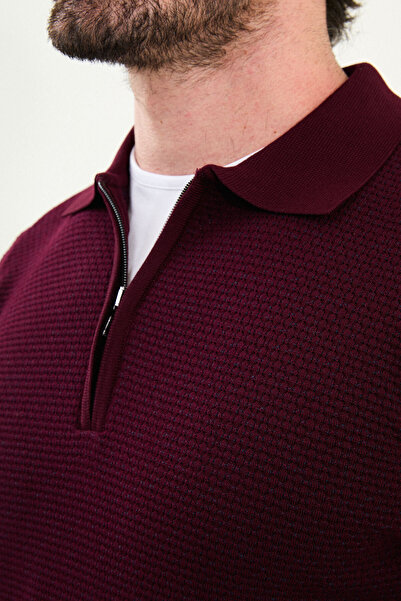 Mcr Textured Slim Fit Zippered Polo Neck Men's Knitwear Sweater Burgundy - 11567.25K