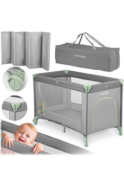 Ricokids Travel cot, foldable, 2 wheels with brakes, side entrance, carrying bag, 125x65x78cm, pocket...