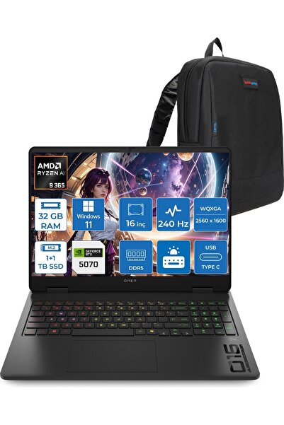 HP Omen AI R9 365 32GB 1tb Ssd+1tb 16INÇ RTX5070 8GB 240 Hz 3 Ms 500NİTS W11H...