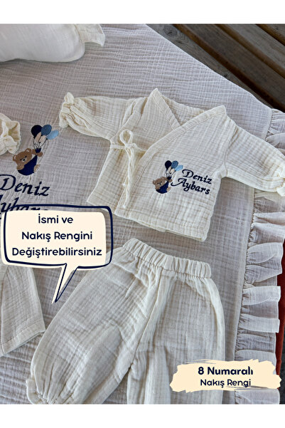 KARSU TASARIM Müslin Hastane Çıkış Seti İsimli Nakış İşlemeli %100 Pamuk (Zıbın Pijama Şapka )