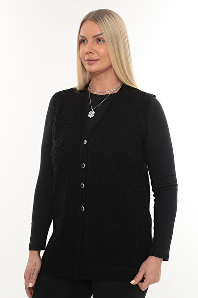 İKSUN Women's Mercerized Pocketed Buttoned Rolax Knitwear Seasonal Mother's Vest