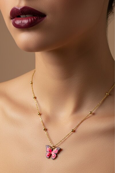 X-Lady Accessories Gold Color Pink Enamel Butterfly Model Ball Chain Steel Necklace - 3723