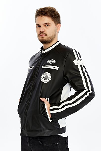 CHOS7N Ανδρικό μπουφάν Racing Style με μαύρες και λευκές ρίγες, με λεπτομέρεια εκτύπωσης Arma, τσέπες και φερμουάρ