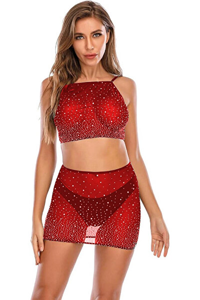 LUNİTA Red Stone Patterned Transparent Tulle Skirt Bustier Thong Three Piece Set