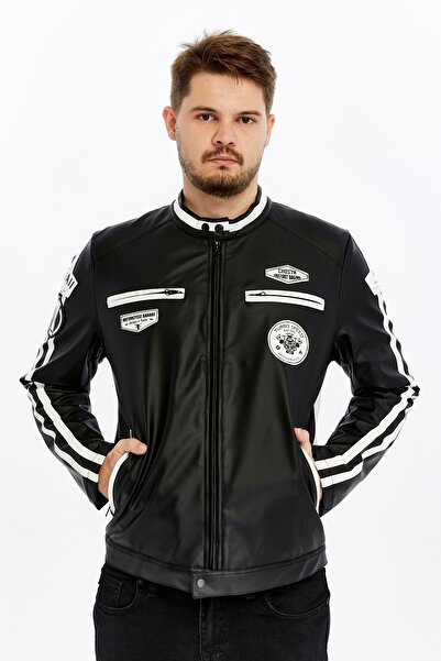 CHOS7N Ανδρικό μπουφάν Racing Style με μαύρες και λευκές ρίγες, με λεπτομέρεια εκτύπωσης Arma, τσέπες και φερμουάρ