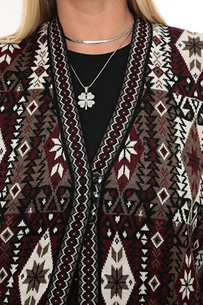 İKSUN Kadın Etnik Model Triko Örgü Kilim Cepli Kışlık Kalın Anne Yelek