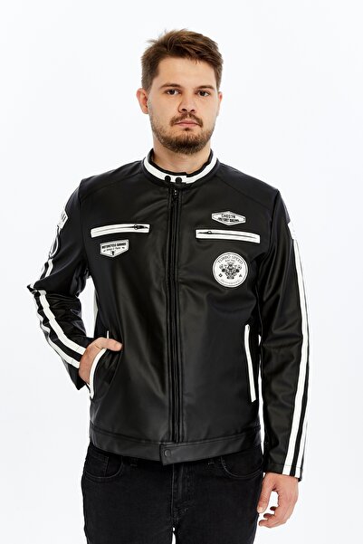 CHOS7N Ανδρικό μπουφάν Racing Style με μαύρες και λευκές ρίγες, με λεπτομέρεια εκτύπωσης Arma, τσέπες και φερμουάρ