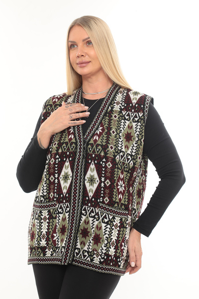 İKSUN Women's Ethnic Style Knitwear Knitted Kilim Pocketed Winter Thick Mother Vest