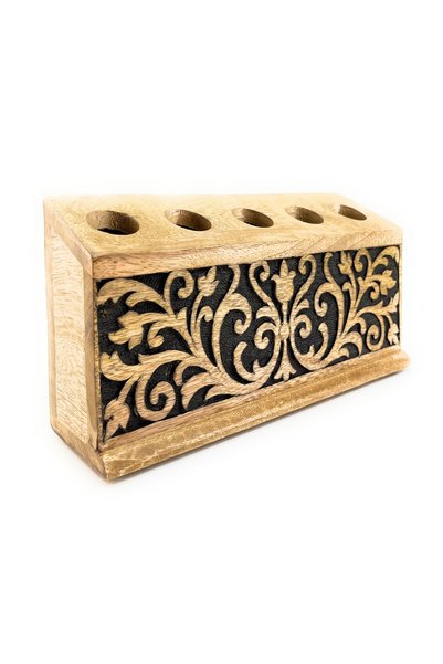 Souq DESIGNS Makeup Brush Holder – Wooden Makeup Organizer 5 Slots | Vanity Organizer Mango Wood | Brush Organizer Stand | Paint Brush Holder | Makeup Storage Desk Organizer | Black Carved 1 Pc