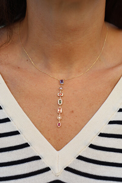 Yenigün Kuyumculuk 14 Ayar Altın Renkli ve Asimetrik Taş Detaylı Sarkıt Uçlu ...