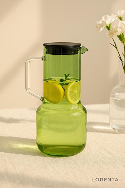 isra kristal Yeşil Renkli Cam Sürahi – Kapaklı, Isıya Dayanıklı, Su ve İçecek Servis Sürahisi