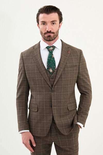 Mcr Plaid Slim Fit Mono Collar Classic Men's Suit Brown - 45425.25K