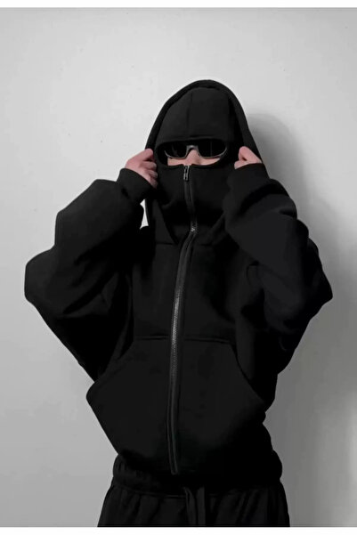 Touz Moda Мотоциклетна маска Детайлна прекалено голяма черна унисекс качулка с цип