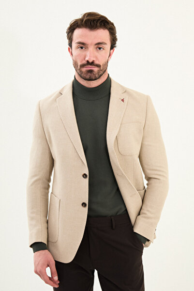 Mcr Textured Slim Fit Mono Collar Men's Jacket with Pocket Beige - 41471.25K