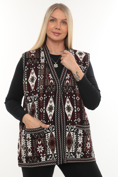 İKSUN Women's Ethnic Style Knitwear Knitted Kilim Pocketed Winter Thick Mother Vest