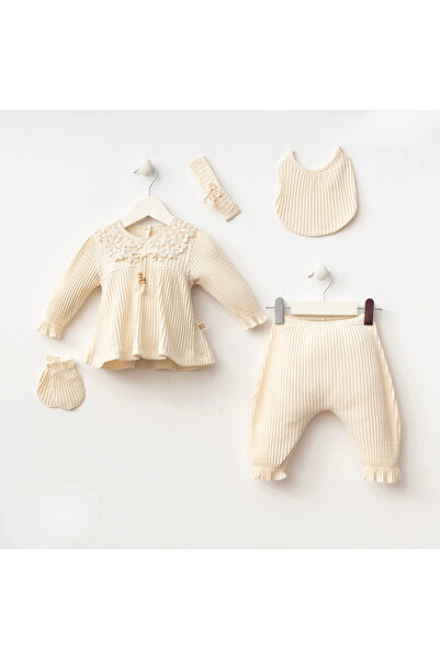 Ozz Baby 0-3 Months Baby Girl Newborn, 5-Piece Hospital Release Bodysuit Set with Cuffed Collar and Beaded Bow on the Front