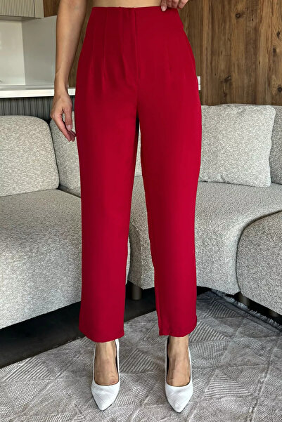 julude Burgundy Bel Çimalı Fabric Trousers