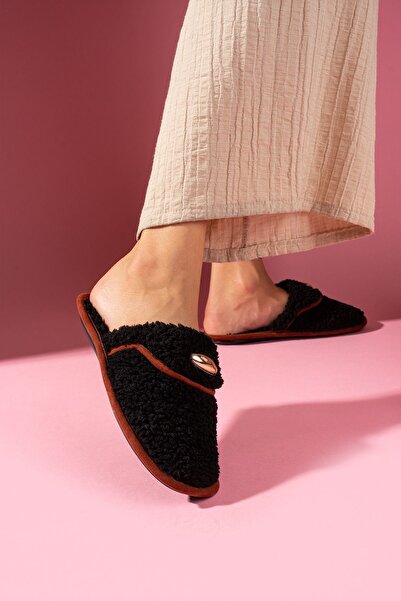 FUGA MODA Evelis Black Towel Textured House Slippers with Drop Accessories