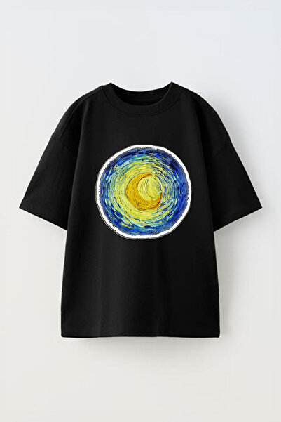 Anetos Tricou Van Gogh 2 cu imprimeu unisex din bumbac negru supradimensionat