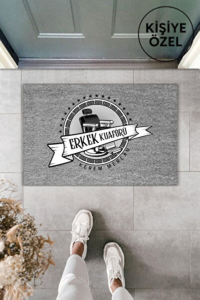 Dormot Modern Dijital Baskı Gri Berber, İş yeri Kapı Önü Paspas 70x45cm