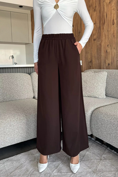 julude Brown Women's Wide Leg Elastic Waist Fabric Trousers