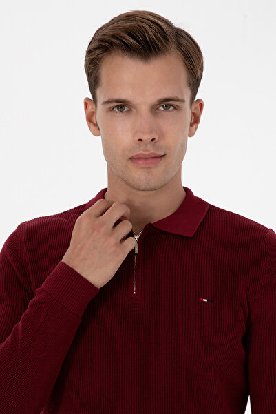 U.S. Polo Assn. Men's Regular Fit Zippered Burgundy Basic Sweater 50313685-Vr014