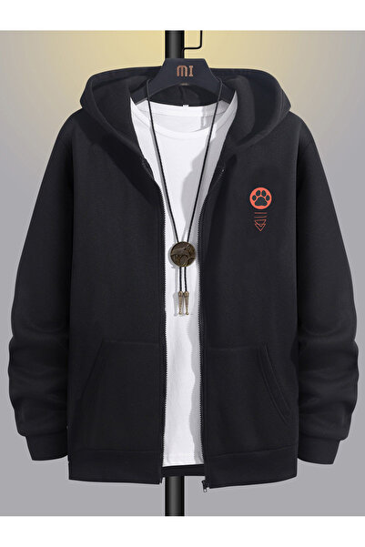 Deep sense Hanorac negru pentru bărbați, cu glugă, cu fermoar, oversize, card...