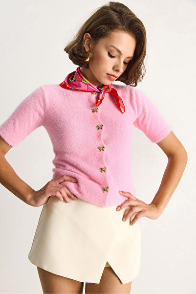 Bianco Lucci Cardigan de tricotat cu textura moale pentru femei, cu detaliu cu nasturi cu fundă w25033 60284078