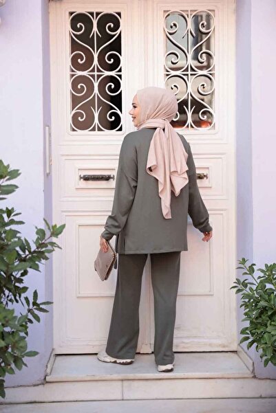 N.S NEVA STYLE Διπλό Σετ Χακί Τεσσέτρο με Λεπτομέρεια με Κουμπιά 13261HK