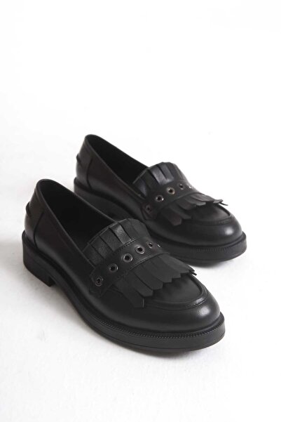 ERNİLA Marli Black Genuine Leather Tasseled Women's Loafer Shoes