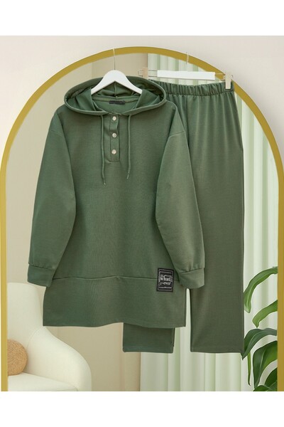 Modamorfo Σετ διπλής χτενισμένης βαμβακερής ύφασμα με λεπτομέρεια κορδόνι - Χακί