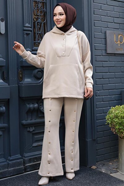 N.S NEVA STYLE Μπεζ Μαντίλα με κουκούλα Scuba Διπλό Σετ 12312BEJ