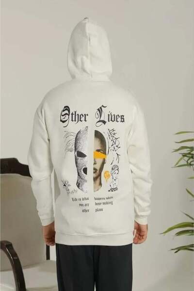 Bijuterria    Men's Back Printed Oversize Three Thread Hooded Sweatshirt - White
