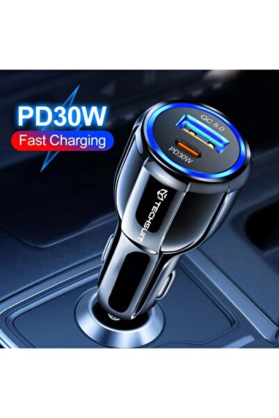 Techsuit Încărcător auto cu încărcare rapidă, USB-C PD30W, Tip-C PD30W, 60W, TE-022 - Negru