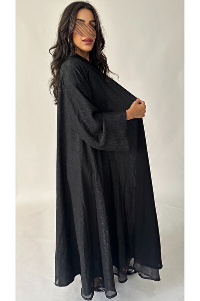 outline Black two-layer chiffon abaya with a double-cloche sheen