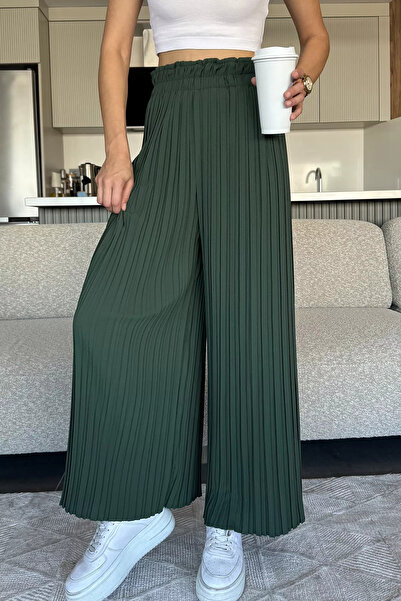 julude Emerald Green Women's Elastic Waist Pleated Loose Fit Trousers