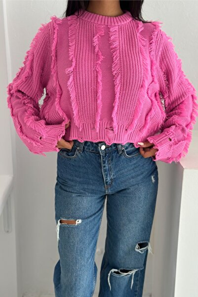 FEMELLE Pink Fringed Casual Knit Sweater - Oversize Standard Size