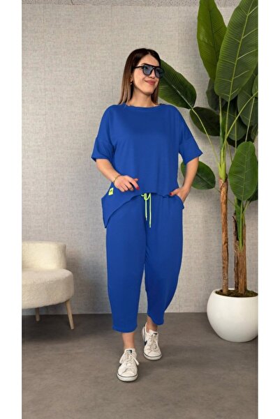 Serero Women's Short Sleeve Crew Neck Viscose Two Thread Blouse and Pants Double Set