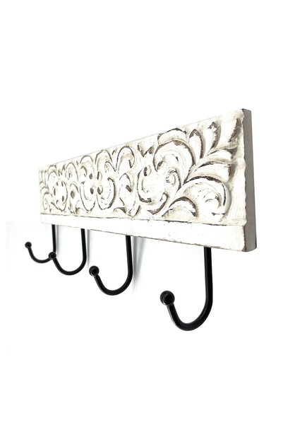 Souq DESIGNS Wall Hooks Set of 4 – Distressed White Acanthus Scroll Wooden Hangers | Hooks For Hanging Clothes Keys Coats | Key Hanger For Wall | Door Hanger | Wall Hanger | Hanger Hook | No Drill