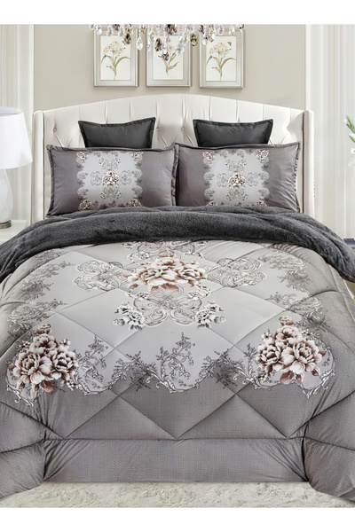 Generic Cozy And Warm Winter Fur Comforter 6 Pcs Set, Size 220 X 240 Cm Floral Bedding Sets Multicolor