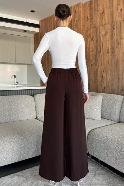 julude Brown Women's Wide Leg Elastic Waist Fabric Trousers
