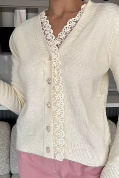 julude Cream Women's Front Buttoned Ribbed Knit Cardigan (Fits Sizes S-M-L-Xl.)