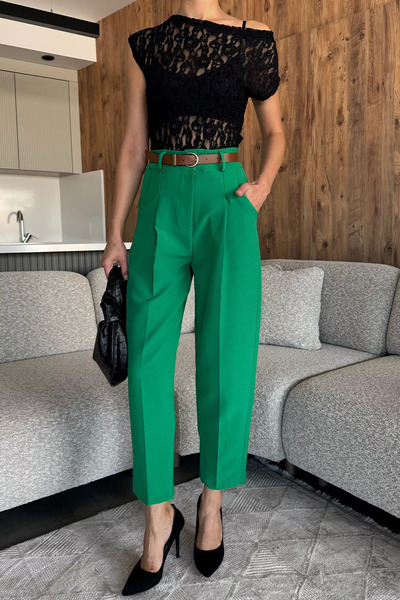 julude Green Women's High Waist Carrot Pants with Belt Accessories