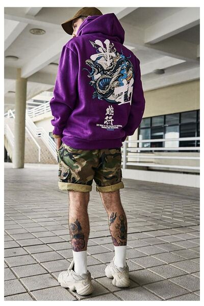 Deep sense Ανδρικό χειμερινό μωβ φούτερ με κουκούλα Πλάτη με τύπωμα Snake